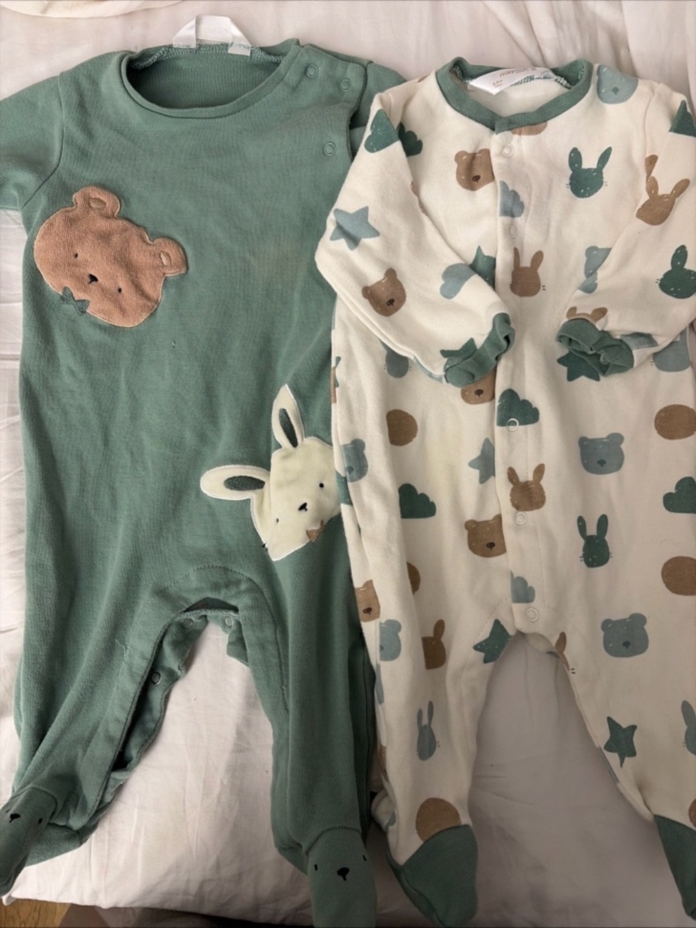 Mayoral Plush Bear & Bunny One-Piece Sleepers – Green & Cream
